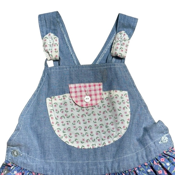 Vintage Floral Pink & Blue Girls Tiered Overall Dress Size 24mo - Picture 2 of 7